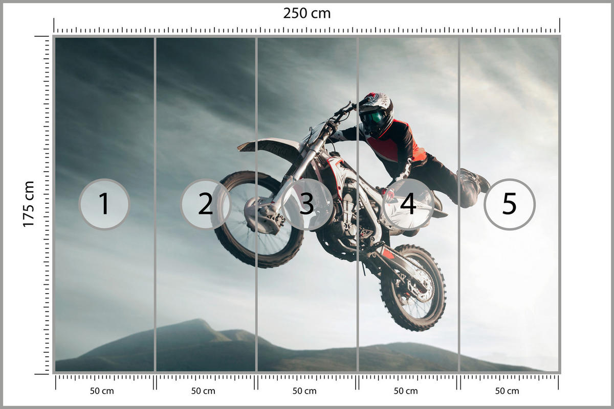 FOTOTAPETE für Jugendzimmer Motocross Sprung Mann Sport Berge Action250x175 - Grau, Papier (250/175cm) - Muralo