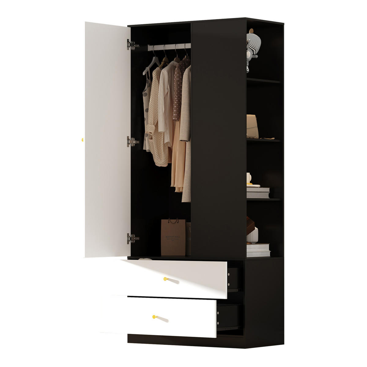 KLEIDERSCHRANK mit Spiegeltür, Kleiderstange & 2 Schubladen, 80/40/180 cm, Weiß/Schwarz - Weiß, Holzwerkstoff (80/180/40cm) - Redom