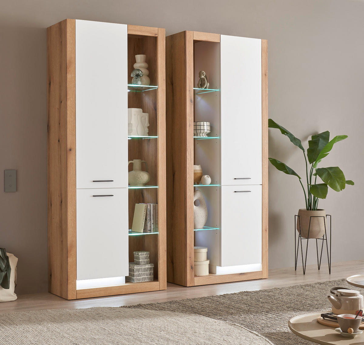 VITRINE weiß matt, Evoke Eiche, Vitrinenschrank 80 x 195 cm - Eichefarben/Silberfarben, Glas/Holzwerkstoff (80/195/37cm) - Furn.Design