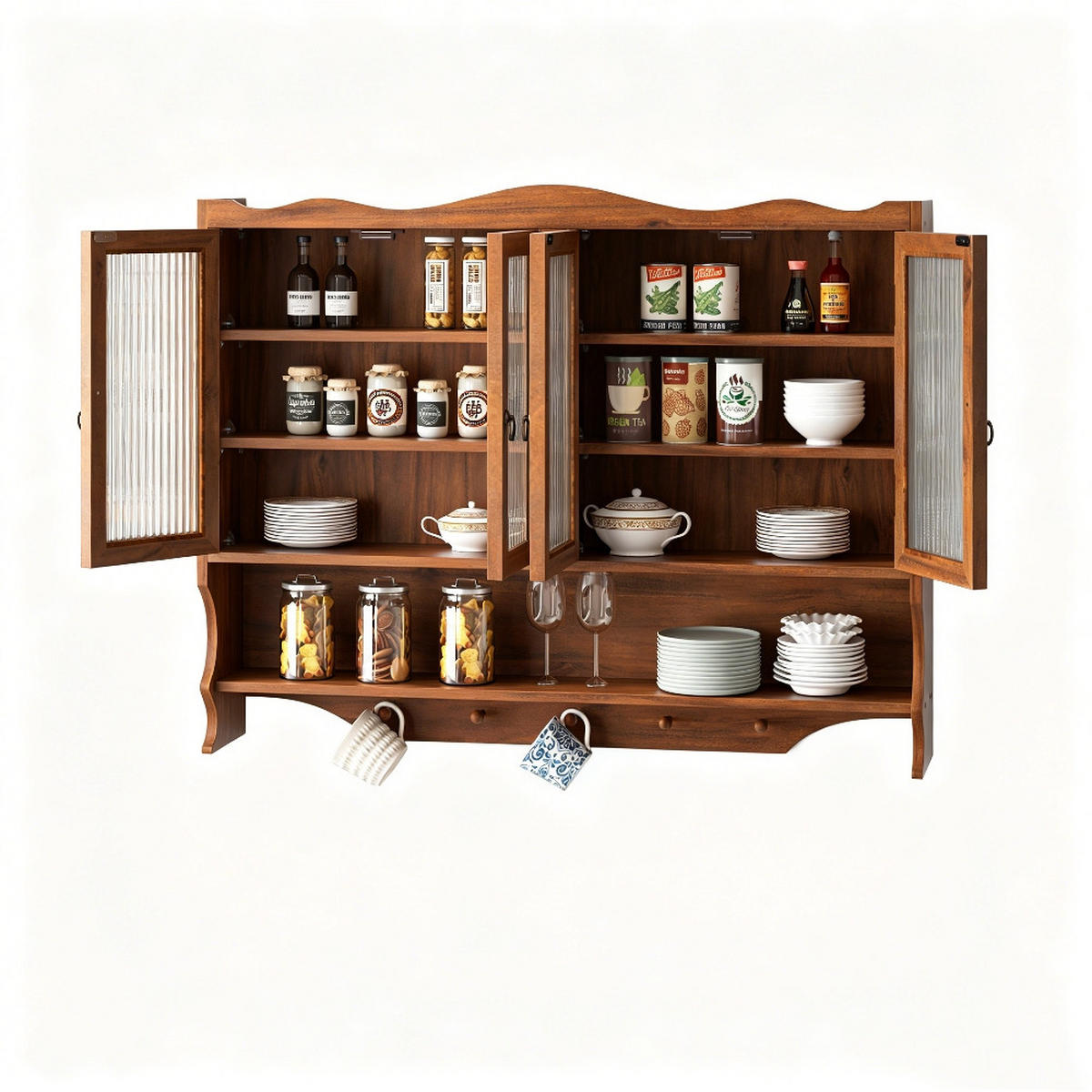 KÜCHENSCHRANK MIT 4 TÜREN UND HAKENLEISTE, Massivholz und Glas, Braun, Retro Badezimmerschrank, 100/80/20 cm - Braun, Kunststoff (20/80/100cm) - Rolipo