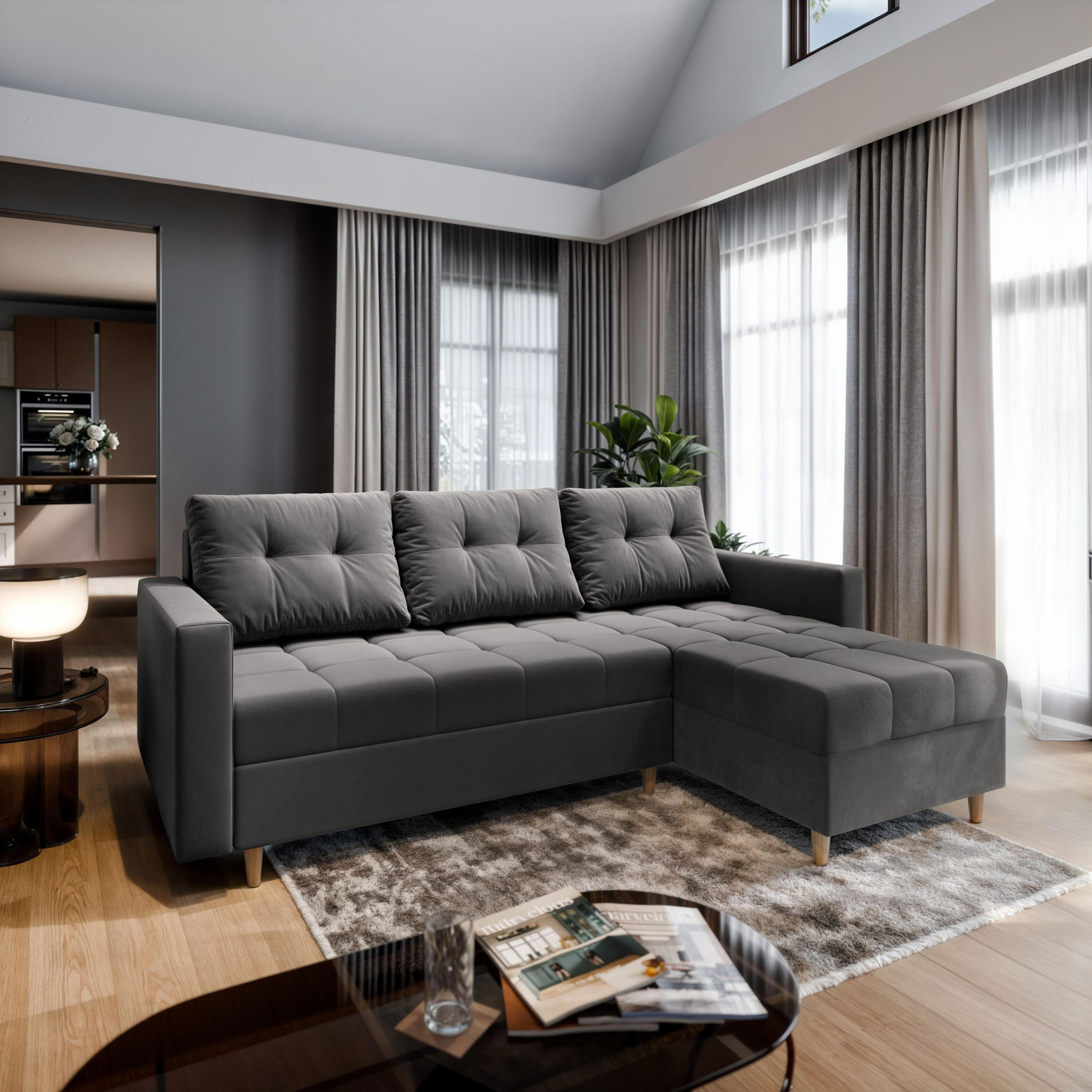 ECKSOFA MILO L Grau Plüsch-Stoff mit Schlaffunktion - Grau, Holz (220/140cm) - MASSENO