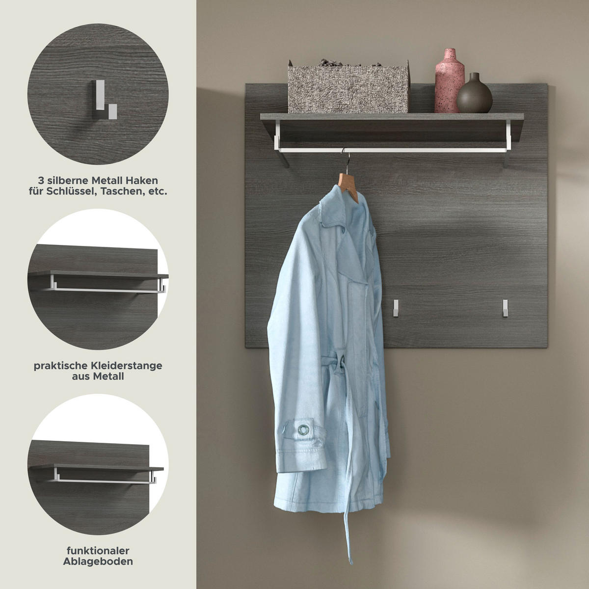 GARDEROBENPANEEL SALSA (B/H/T: ca. 80/70/27 cm) in Rauchsilber Nachbildung/weiß hochglanz - Silberfarben, Holzwerkstoff (80/70/27cm)