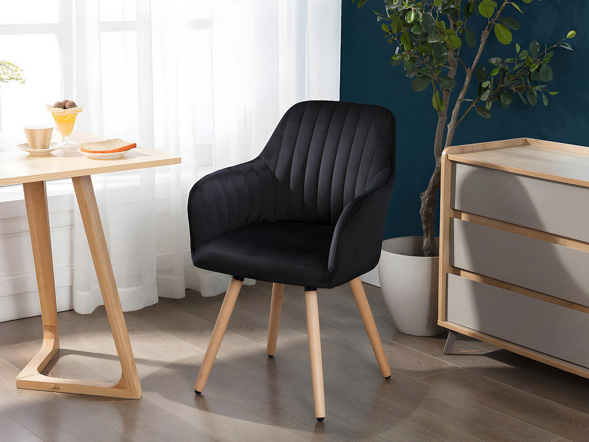 STUHL mit Armlehnen 2er-Set - Samt & Metall in Holzoptik - Schwarz - ELEANA - Schwarz, Textil (58/85/56cm) - Vente-Unique