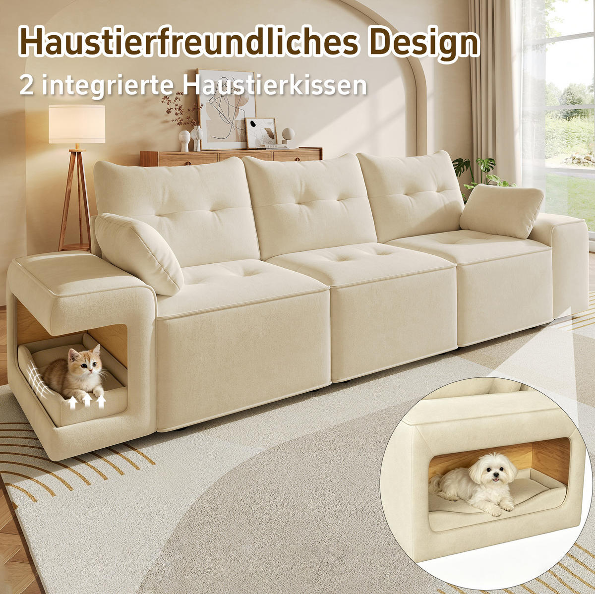 3-SITZER-SOFA aus Samt 229,5x78x84 cm Beige mit Stauraum und integrierten Haustiernischen - Beige, Textil (229.5/84/78cm) - Modfu