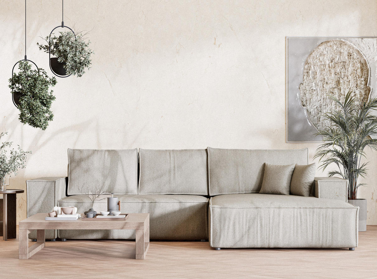 ECKSOFA MIT SCHLAFFUNKTION Maze Beige Webstoff - Beige/Schwarz, Holz/Holzwerkstoff (294/185cm) - Maison de Reve