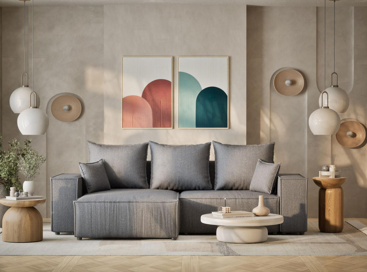 ECKSOFA MIT SCHLAFFUNKTION Moyo Grau Webstoff - Schwarz/Grau, Holz/Holzwerkstoff (255/148cm) - Maison de Reve