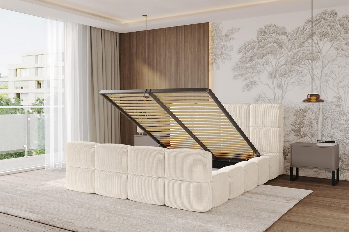 POLSTERBETT mit Bettkasten und Lattenrost, Bett mit Kopfteil, Boxbett ohne Matratze, Doppelbett mit Stauraum - NATA-Z 120x200 Beige - Schieferfarben, Holzwerkstoff/Textil (120/200cm) - ALTDECOR