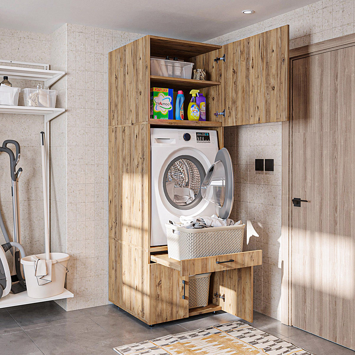WASCHMASCHINENSCHRANK Serie 3 67cm Breit, 205cm Hoch - Eichefarben, Holzwerkstoff (67/205/67cm)