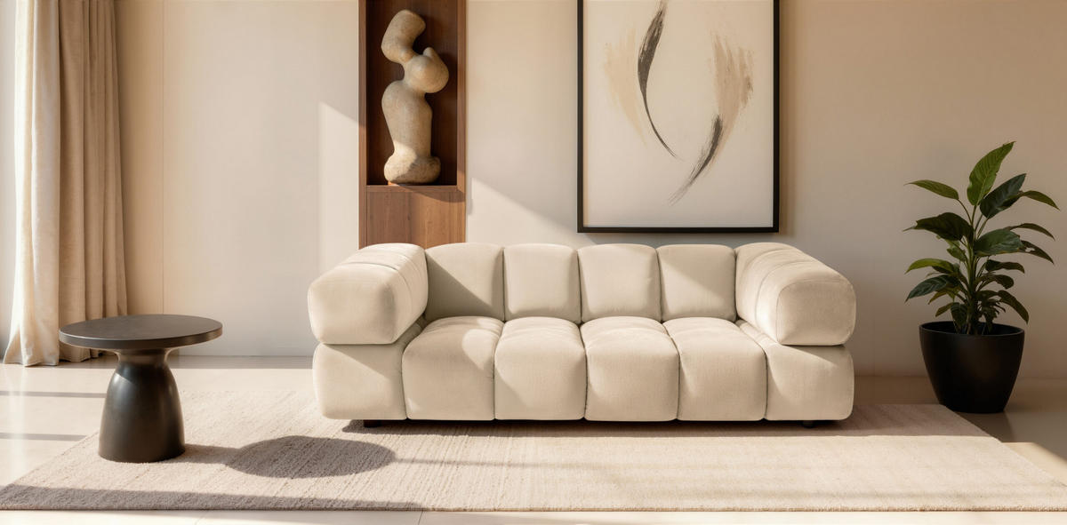 SOFA 3-Sitzer, Couch, Veloursstoff Bluvel, Creme, Averro - Creme, Holz (240/70/96cm) - Kaiser Möbel