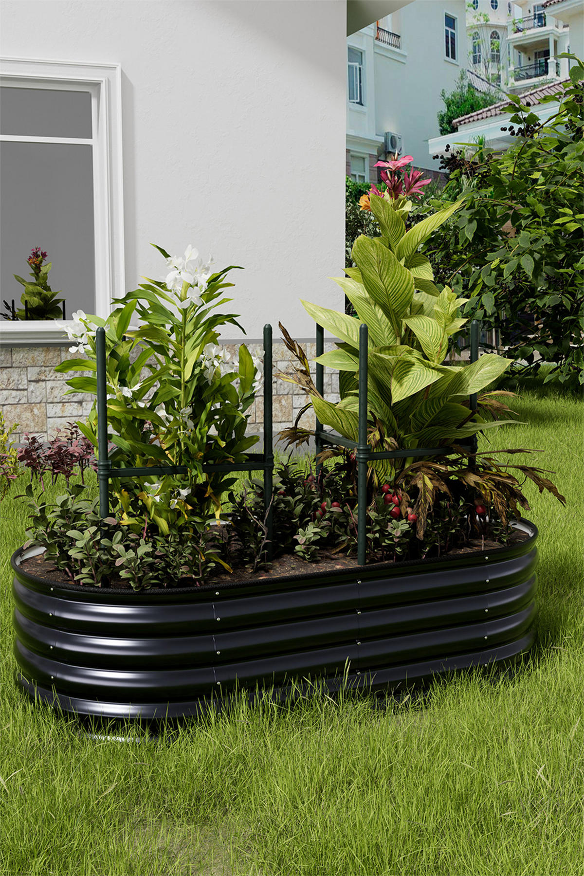HOCHBEET-PFLANZKASTEN mit Pflanzenstütze aus verzinktem Stahl in Anthrazit Ovalen Blumenkasten für Garten Balkon 160 × 80 × 42 cm 8,3 kg - Dunkelgrau, Metall (80/42/160cm) - Livingandhome