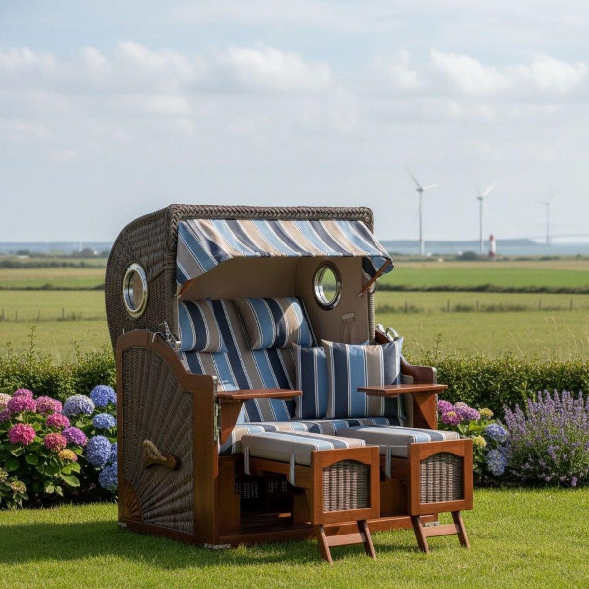 STRANDKORB 2-Sitzer Düne Mahagoni 580 - Blau/Braun, Holz (125/170/80cm) - Mr. Deko
