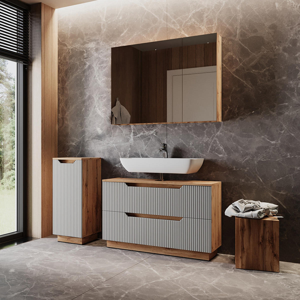 BADMÖBEL-SET Lotta Eiche/grau gestreift 3 Teile - Grau, Holzwerkstoff (99.4/62.5/32cm) - Vicco