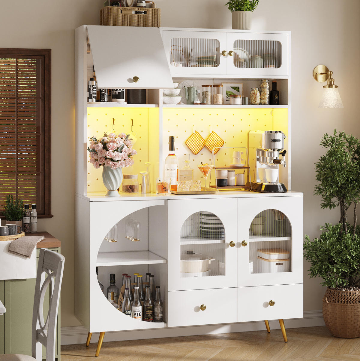 SKŘÍŇ na nádobí 120/40/176 cm, MDF/sklo, bílá s LED osvětlením a USB - bílá, kompozitní dřevo (120/176/40cm) - BEAOK