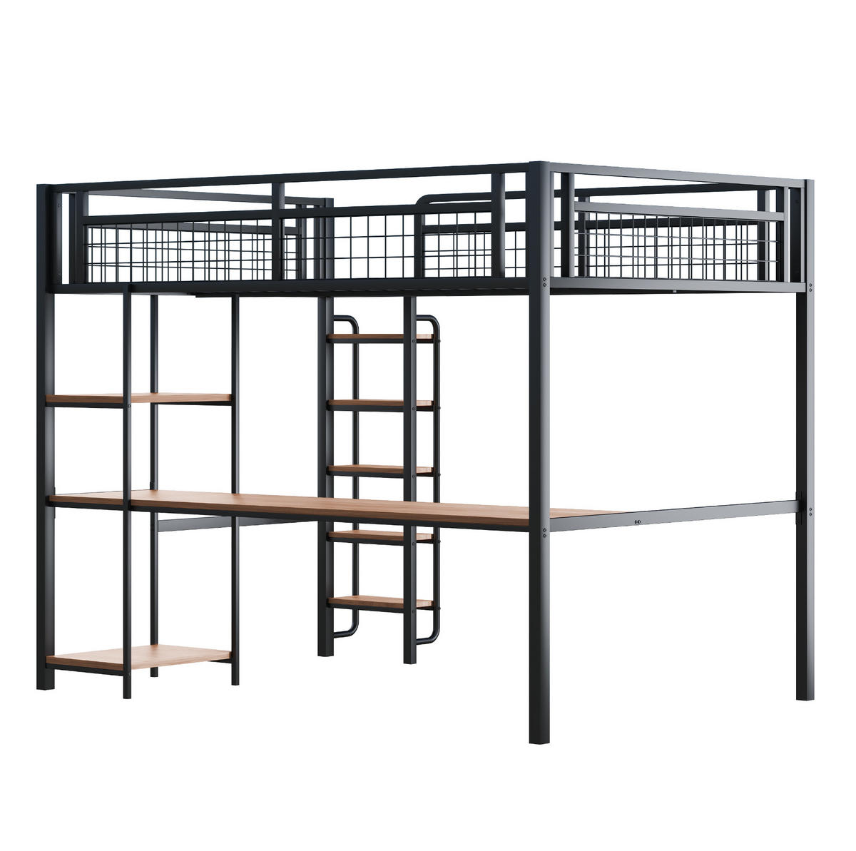 HOCHBETT aus Metall und MDF 140x200 cm Schwarz mit Tisch, Regalen und Sicherheitsleiter - Schwarz, Metall (140/200cm) - IVMEU
