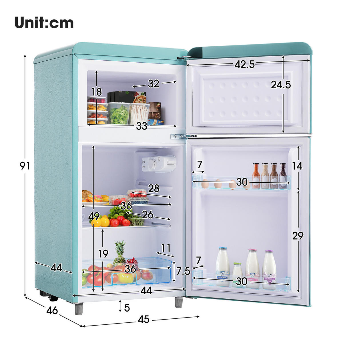 RETRO KÜHLSCHRANK 72L Doppeltür LED Gefrierfach E Klasse modern - Mintgrün, Kunststoff (45/91/46cm) - FLIEKS