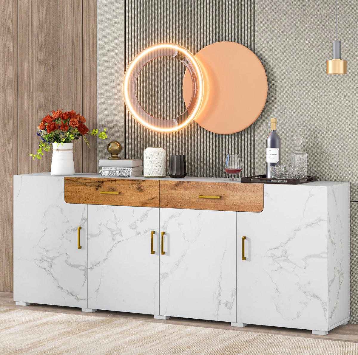 SIDEBOARD 208/39,5/80 cm in Weiß mit 4 Türen und 2 Schubladen - Weiß, Holzwerkstoff (208/80/39.5cm) - Flora Grace