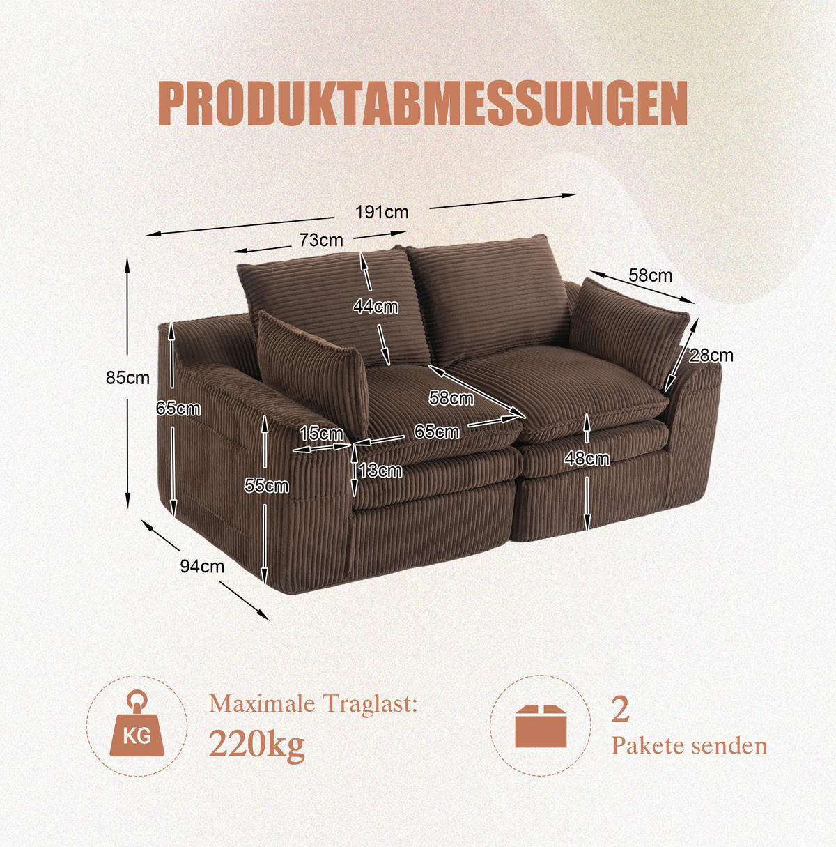 2-SITZER-SOFA 191/94/85 cm mit Seitentaschen, Kissen und Federkern, Cord Braun - Braun, Textil (191/85/94cm) - Redom