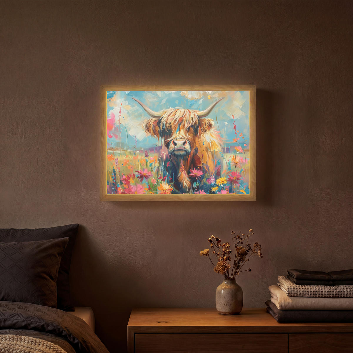NÁSTĚNNÁ LAMPA S AKUMULÁTOREM Skotský horal - Příroda - Barevné - Květiny 40x30 cm - různobarevná, kompozitní dřevo (40/30/8cm) - OnlyWow