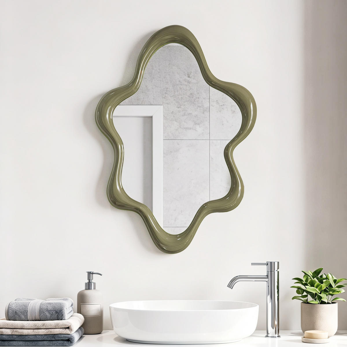 SPIEGEL Grün in Blumenform 70.5×50 cm - Grün, Glas/Holz (50/3.5/70.5cm)