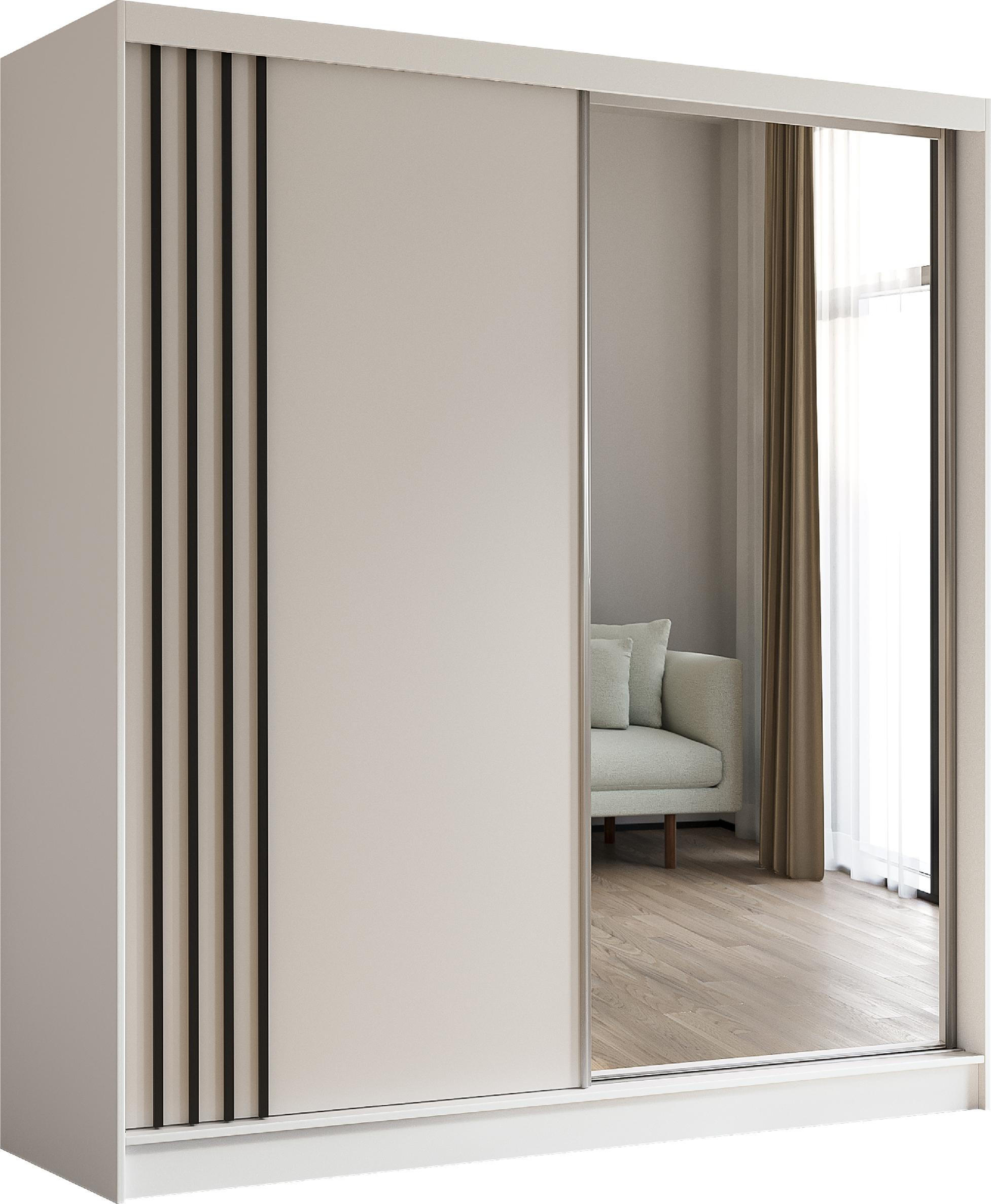 SCHWEBETÜRENSCHRANK Neli 200 cm mit Lamellen und Spiegel 2-türig, weiß, weiß, Lamelle schwarz - Schwarz/Weiß, Kunststoff (200/216/61cm) - Margaret Hadas24