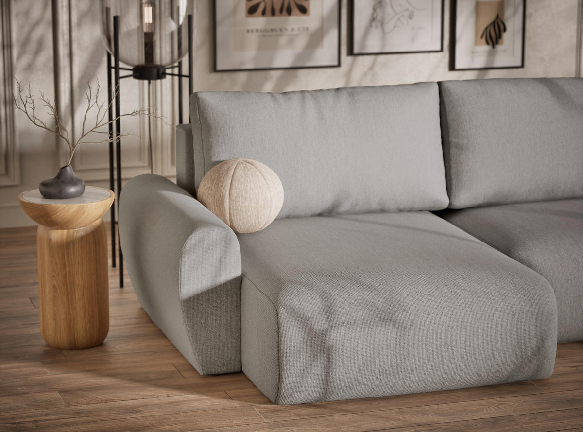 WOHNLANDSCHAFT MIT SCHLAFFUNKTION Numba Hellgrau Webstoff - Hellgrau/Schwarz, Holz/Holzwerkstoff (397/70/153cm) - Maison de Reve