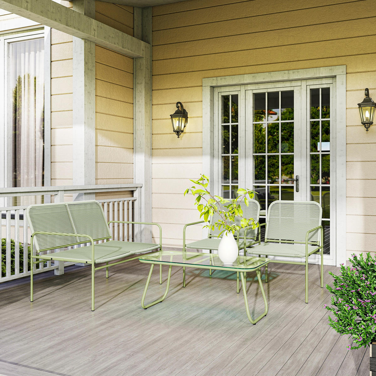GARTENLOUNGE 4tlg DE-13634 Polyrattan mit Glastisch Grün - Grün, Metall - ComfortXL