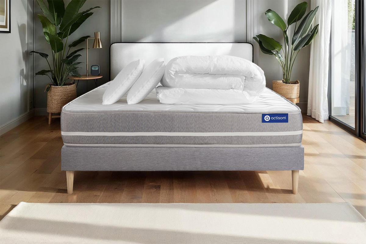 BETT Actiflex touch Taschenfederkern 200 x 200 cm h1 - Kit Bettgestell Grau - Mit Kissen und Bettdecke - Beige/Grau, Karton/Holz (200/200cm) - ACTISOM