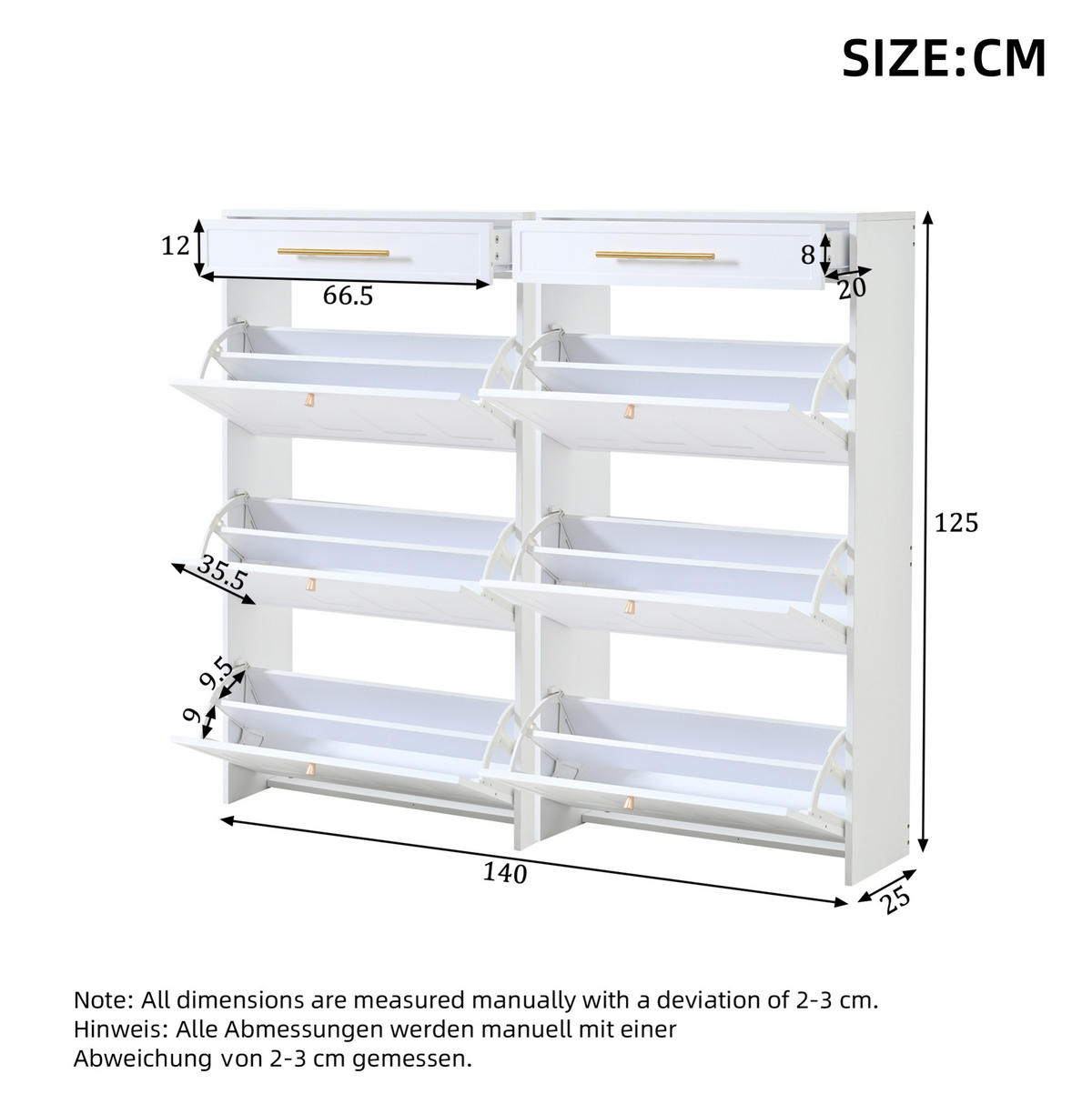 SCHUHSCHRANK aus MDF 140x25x123,5cm in Weiß mit 12 Fächern & 2 Schubladen - Weiß, Holzwerkstoff (140/123.5/25cm) - Modfu