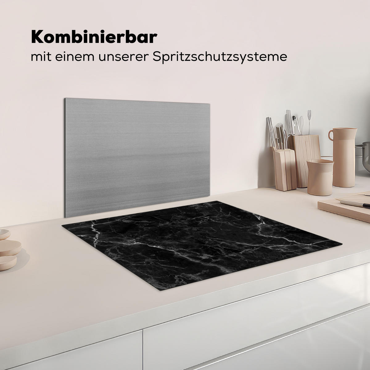 HERDABDECKPLATTE Marmor - Schwarz - Weiß - Textur - Marmoroptik Herdabdeckung Induktionsfeld 65x52 cm - Silberfarben, Kunststoff (65/52/0.2cm) - MuchoWow
