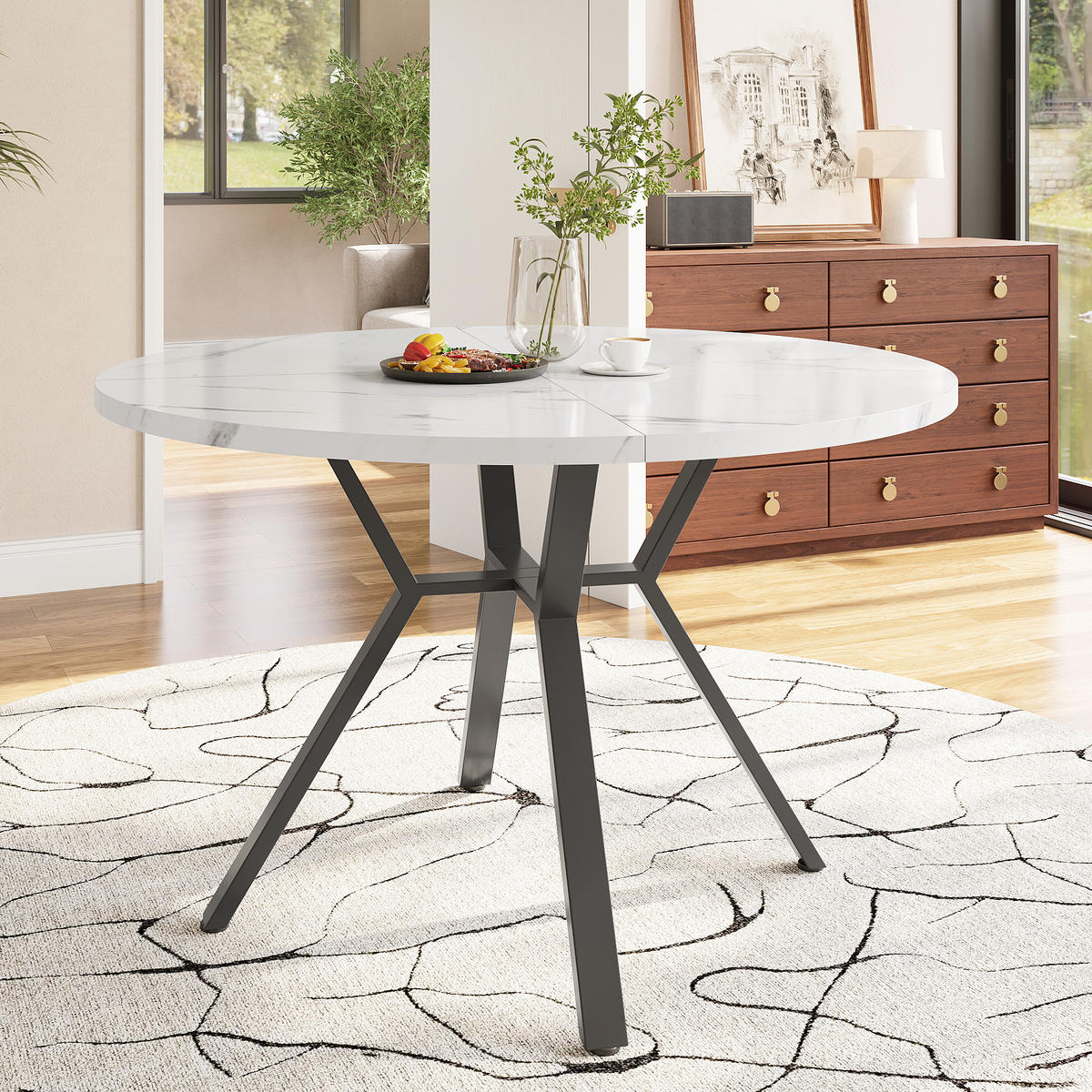 ESSTISCH 100 cm rund in Weiß mit schwarzer X-förmiger Metallhalterung, stabil und elegant - Schwarz/Weiß, Holzwerkstoff (100/100/75cm) - OKWISH