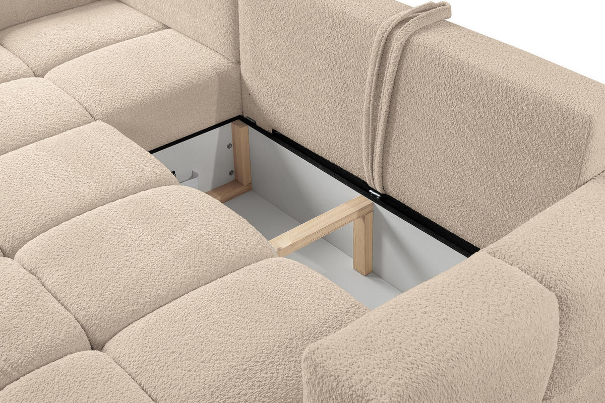 ECKSOFA LUSSO mit Schlaffunktion und Bettkasten, Farbe: Hellbraun, Bouclé-Stoff, Ottomane Universal - Hellbraun, Textil (255/165cm)