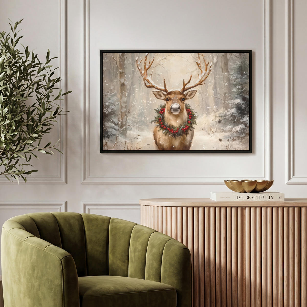 LEINWAND Bilder mit Rahmen - Weihnachten - Rentier - Winter - Kranz - 60x40 - Naturfarben, Textil (60/40cm) - MuchoWow
