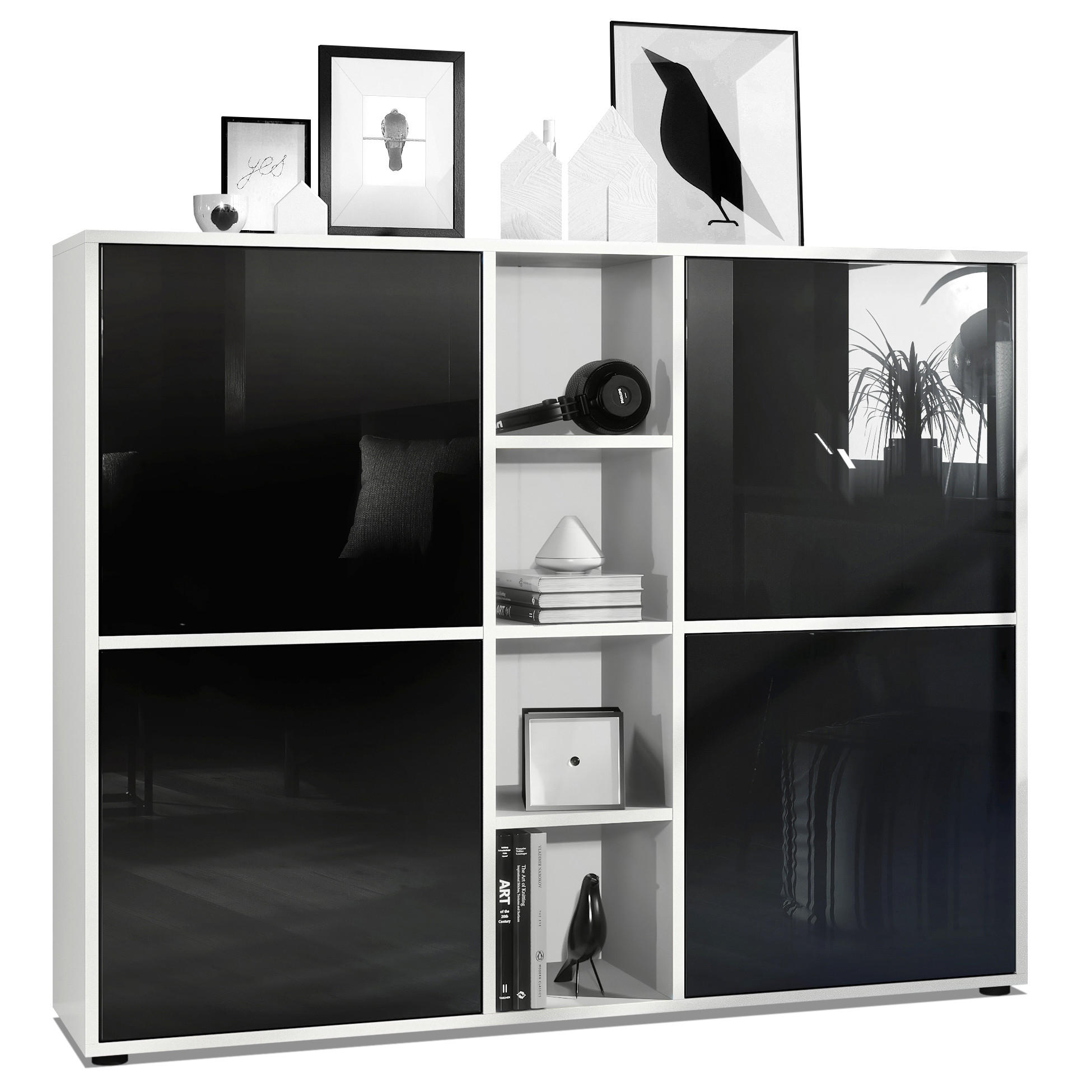 Vladon Highboard Schwarz Hochglanz 130.5x105.5x35.5 cm