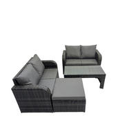 GARTENSOFA SET mit COUCHTISCH HOCKER Polyrattan 5-Sitzer - Dunkelgrau/Grau, Glas/Kunststoff - Fimous