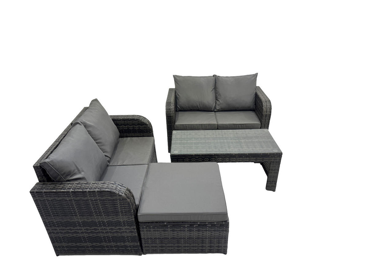 GARTENSOFA SET mit COUCHTISCH HOCKER Polyrattan 5-Sitzer - Dunkelgrau/Grau, Glas/Kunststoff - Fimous