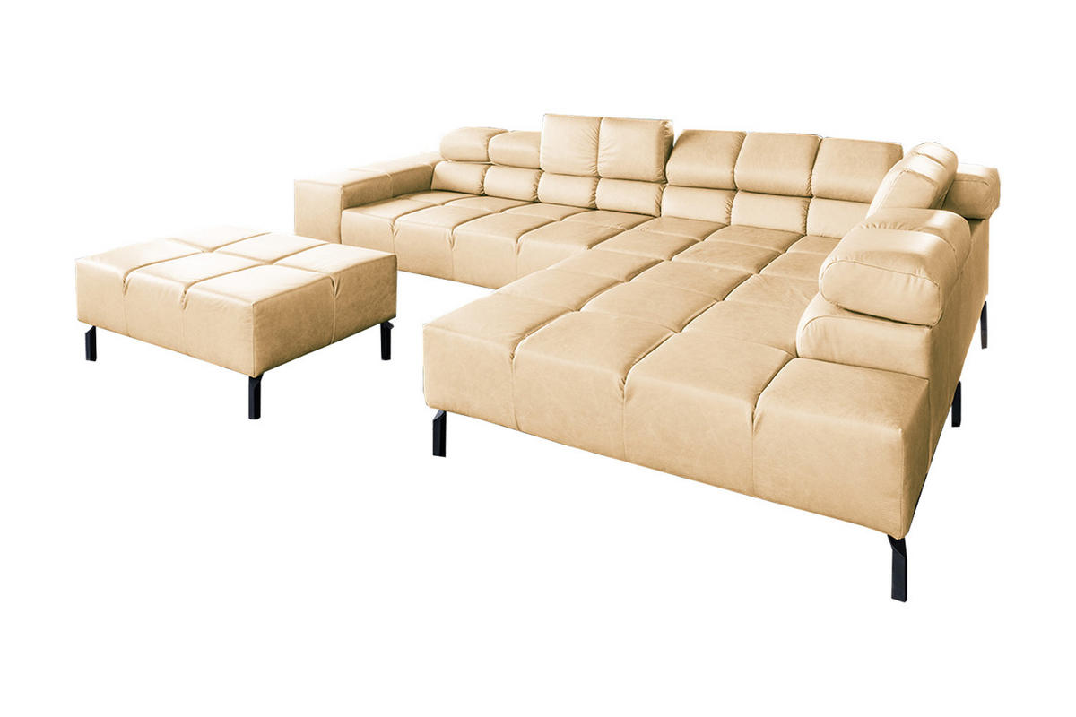 ECKSOFA NELSON Beige Leder Relaxfunktion - Beige/Schwarz, Leder/Metall (321/216cm) - KAWOLA