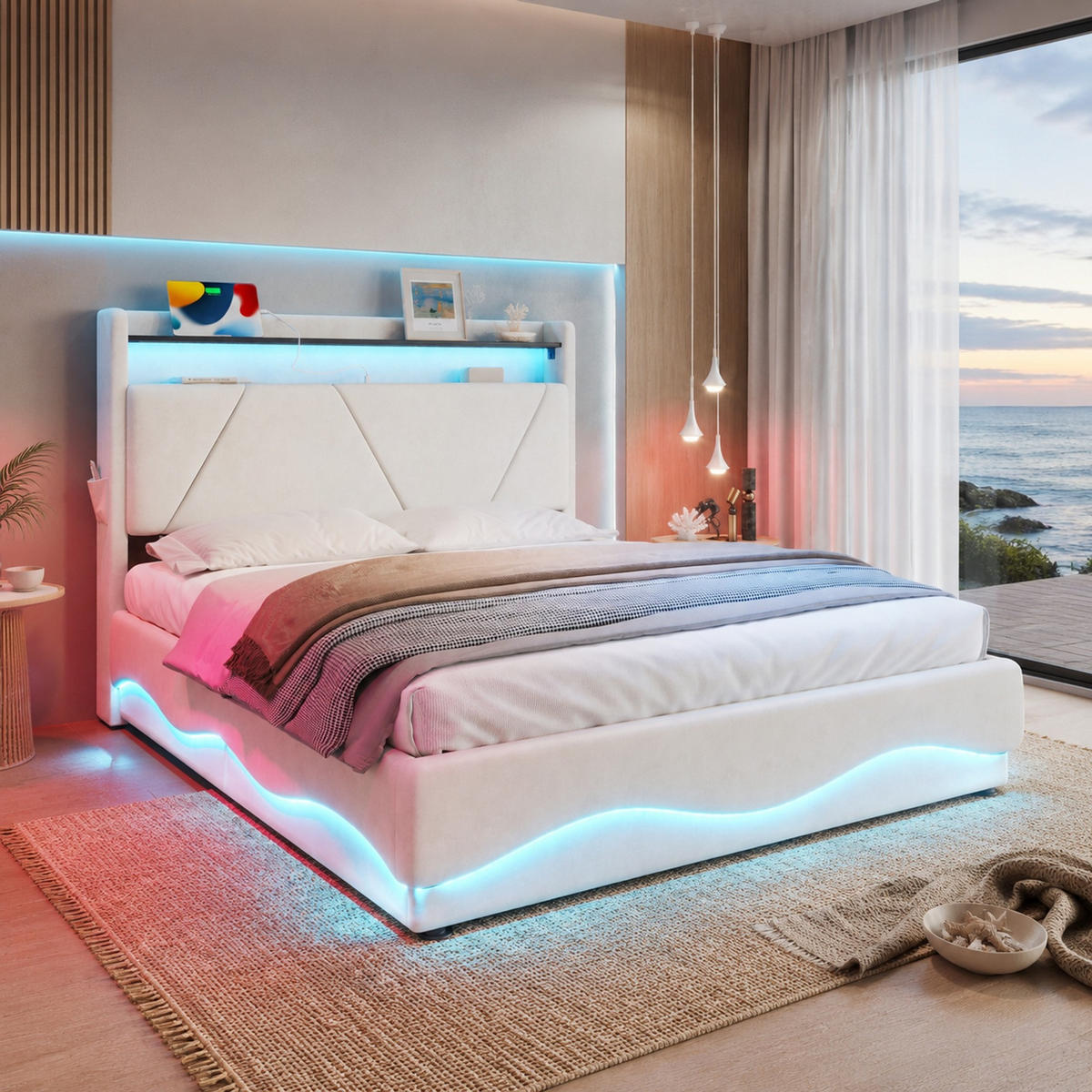 POLSTERBETT 160/200 mit LED, Bettkasten, USB-C, Seitentaschen und Lattenrost - Dunkelgrau, Holzwerkstoff/Textil (160/200cm) - EVRYAE
