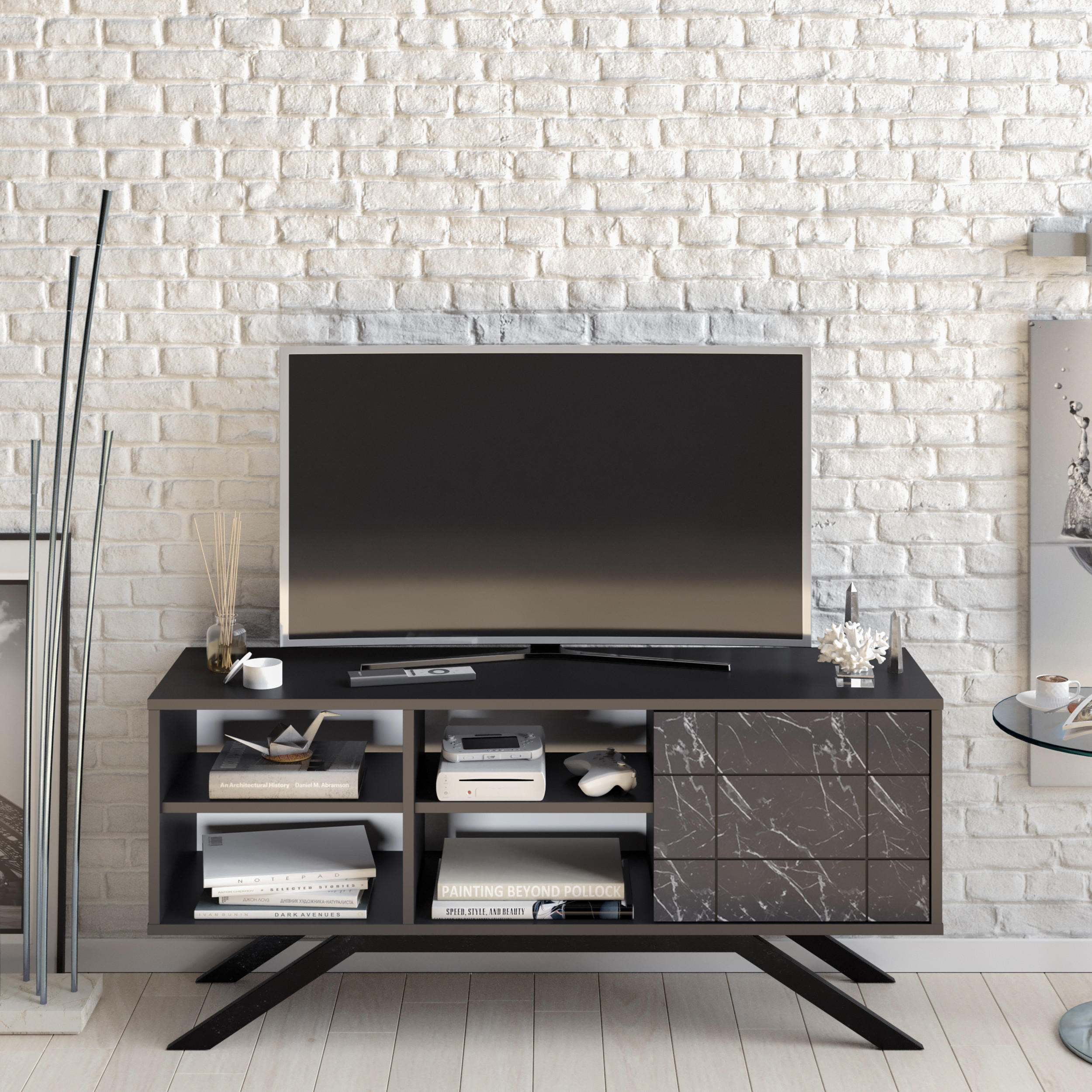 TV-ELEMENT North Schwarz Marmor Decor - Creme/Schwarz, Holzwerkstoff (130/58.6/38.6cm) - Decorotika