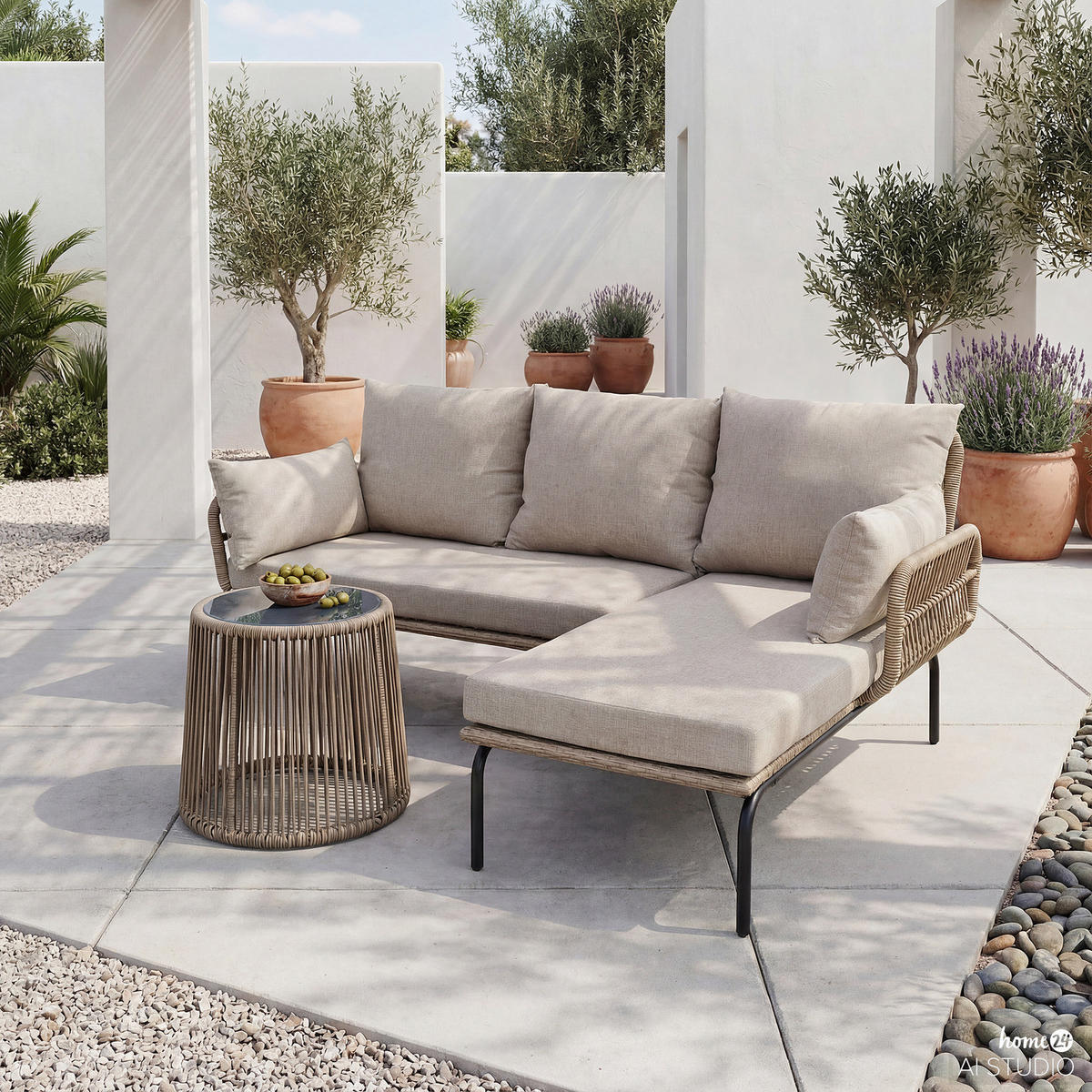 LOUNGESET - Polyrattan / Polyester - Beige / Grau - 3-teilig - Beige, Glas/Kunststoff - home24