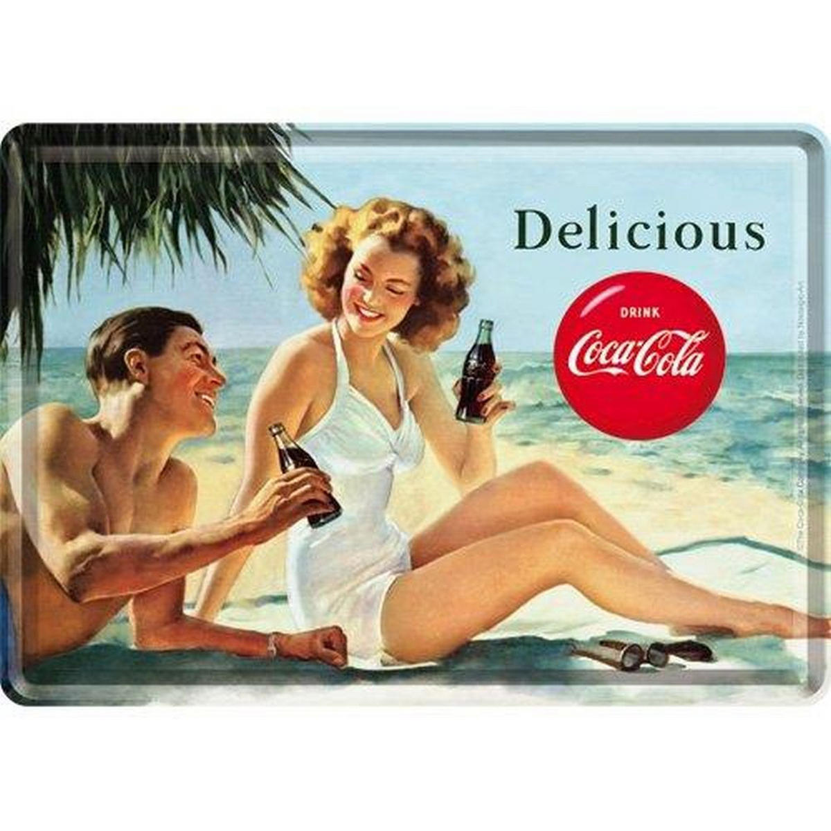 MINIBLECHSCHILD 10/14 cm Coca-Cola Beach Couple - Multicolor, Metall (14/10/0.1cm) - Nostalgic-Art