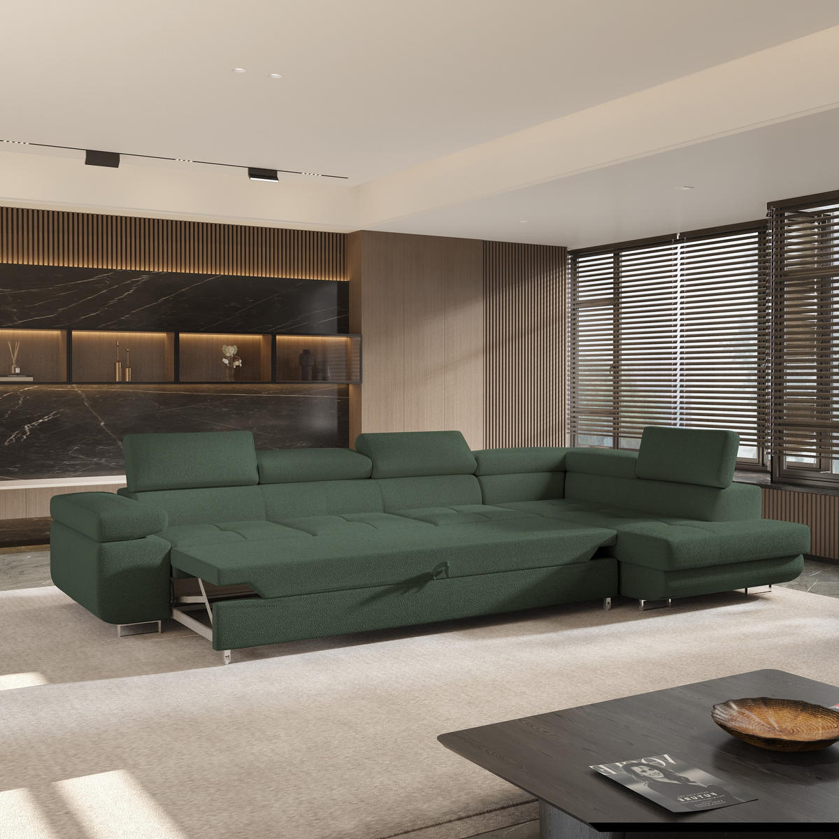 ECKSOFA VICENTE Grün Boucle-Stoff mit Schlaffunktion - Grün, Holz (346/202cm) - MASSENO