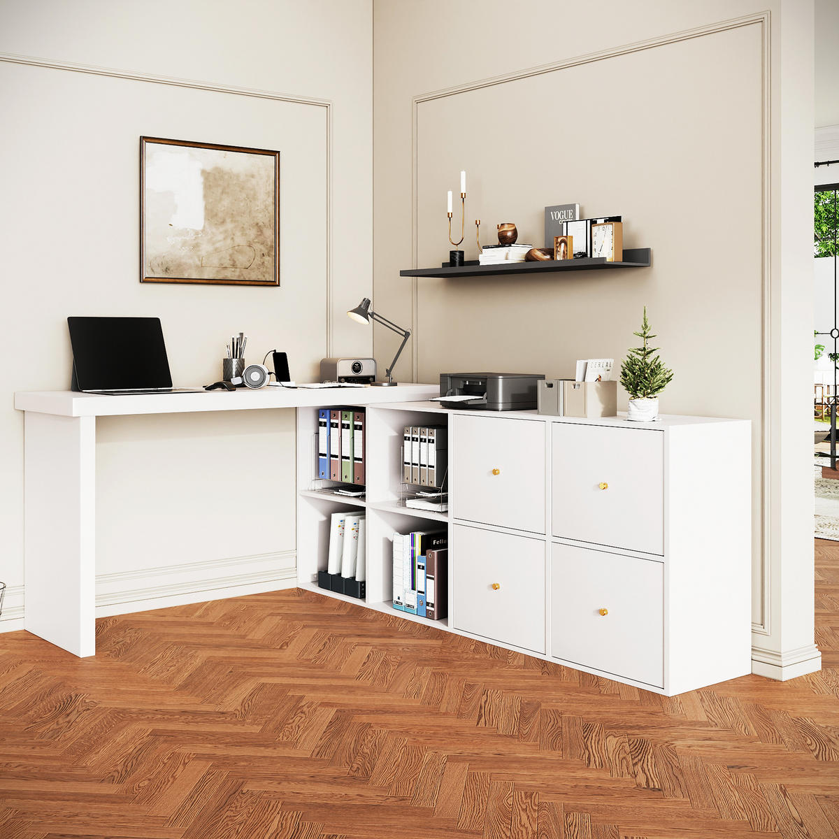 ECKSCHREIBTISCH Weiß 120/48/78 cm 360° schwenkbar mit 4 Schubladen - Weiß, Holzwerkstoff (140/120/78cm) - PANGIVO