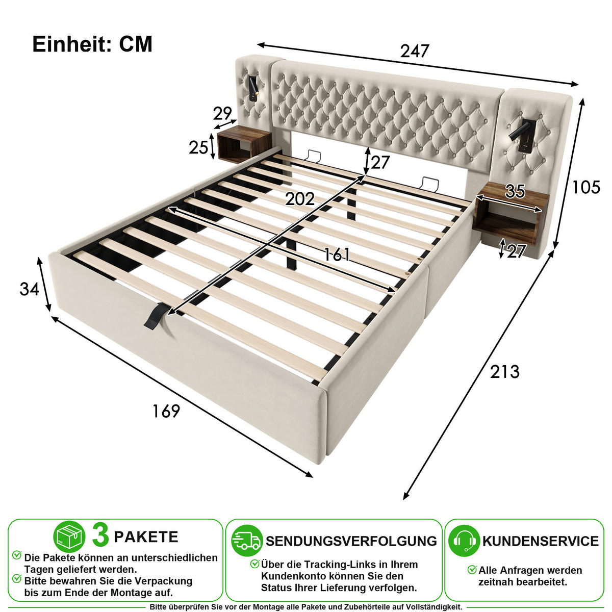 BETTANLAGE 160/200 cm in Beige mit Stauraum, Leselampen, USB und Type-C Samt - Beige, Holzwerkstoff/Textil (160/200cm) - CHICFURN