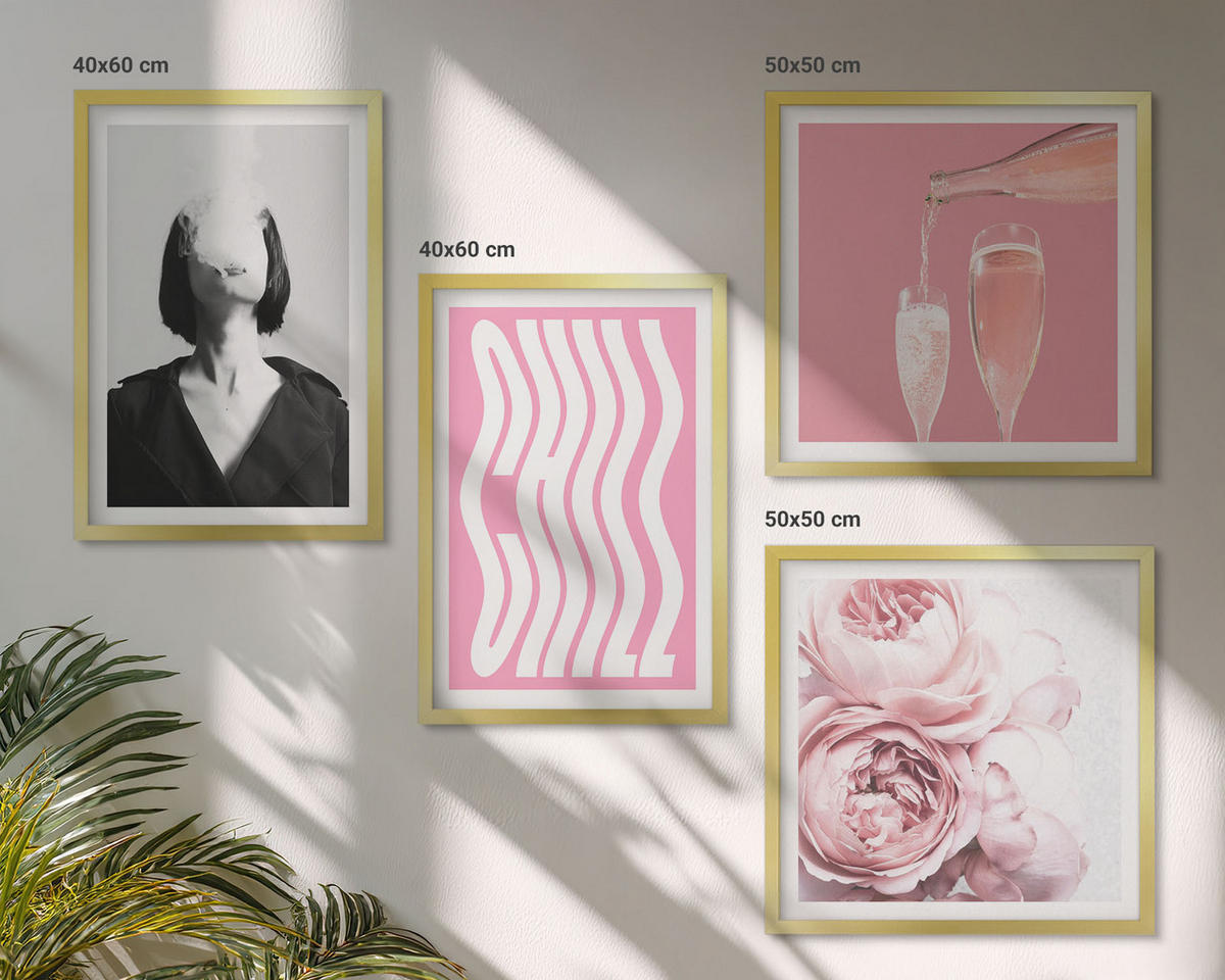 WANDBILDER 4er Set - 50x50 cm & 40x60 cm Goldrahmen - Stilvolles Porträt mit Champagner - Goldfarben, Kunststoff (50/50cm) - ArtPrintCave
