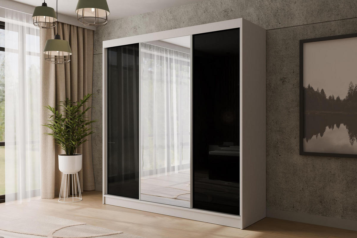 KLEIDERSCHRANK mit Spiegel V2-VITA 215x200 cm - Weiß|Schwarz - Schwarz/Weiß, Holzwerkstoff (200/215/61cm) - ALTDECOR