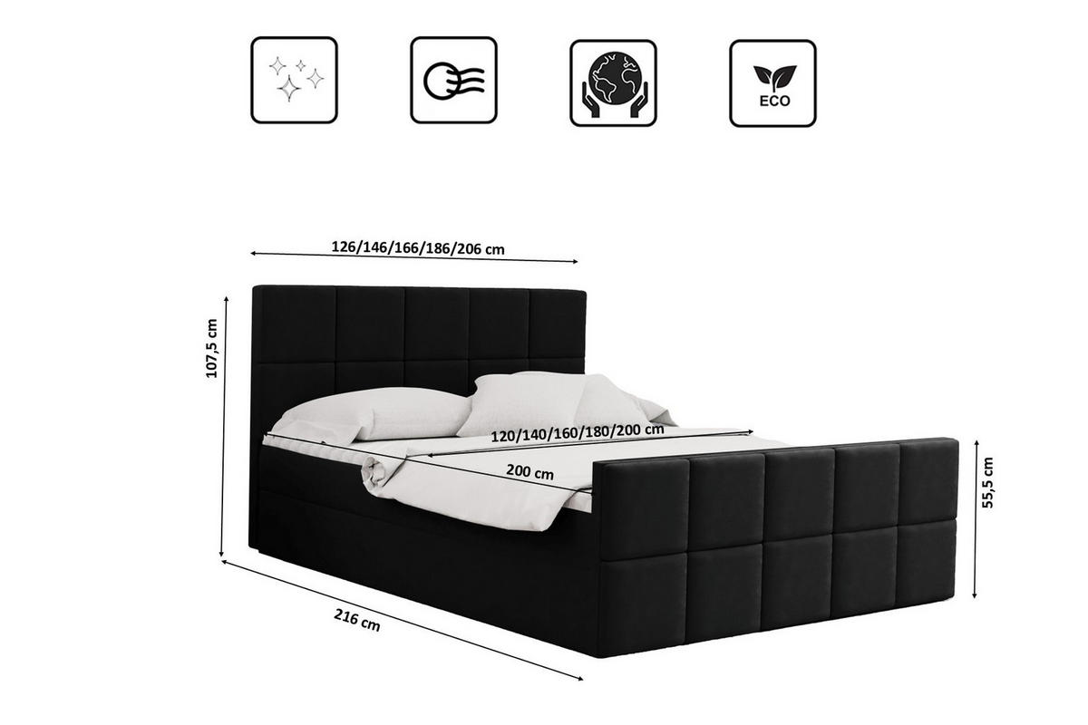 BOXBETT mit Bettkasten und Matratze Topper HANA Stoff Matt Velvet Schwarz 140x200 cm H3-Bonell - Schwarz, Holz/Textil (140/200cm) - Kaiser Möbel