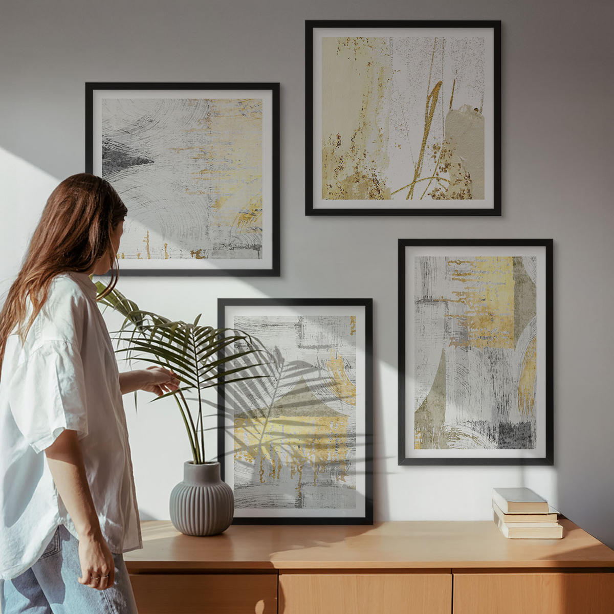 BILDER SET 4er Set - 50x50 cm & 40x60 cm Schwarzer Rahmen - Abstrakte minimalistische Muster - Schwarz, Kunststoff (50/50cm) - TULUP