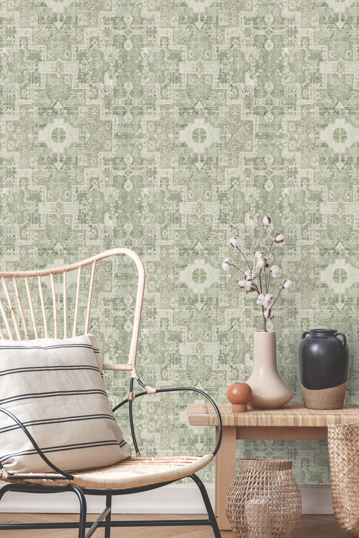 TAPETE orientalisches Kelim-Patchwork 50 x 900 cm - Grün, Papier (50/900cm) - ESTAhome