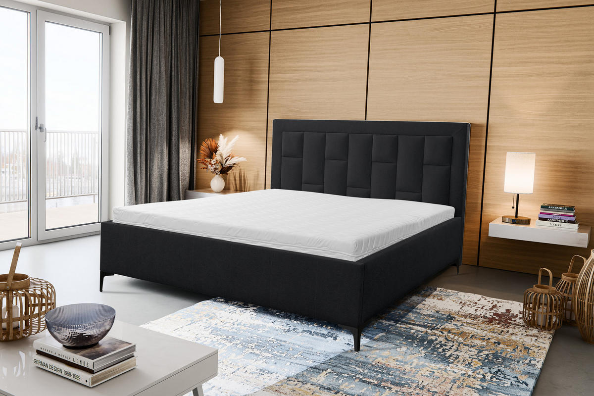 POLSTERBETT VENEZIA mit Kopfteil, 140 x200 cm, Doppelbett mit Bettkasten und Lattenrost aus Strukturstoff, Velourstoff, Frabe: Schwarz - Schwarz, Holz/Kunststoff (140/200cm) - VENASI MÖBEL