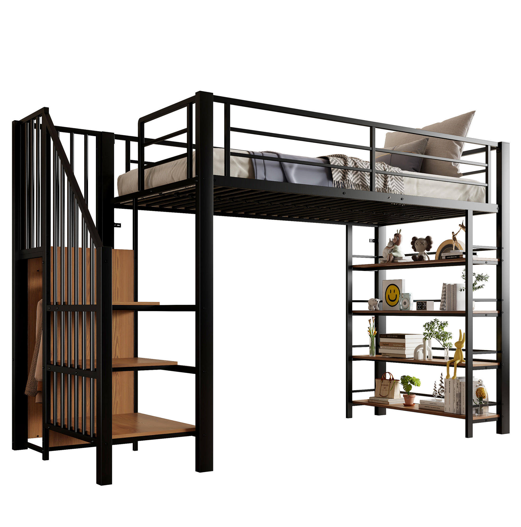 HOCHBETT 90/200 cm Schwarz aus Metall mit Sicherheitstreppe und Stauraum - Schwarz, Metall (90/200cm) - OKMYHOME